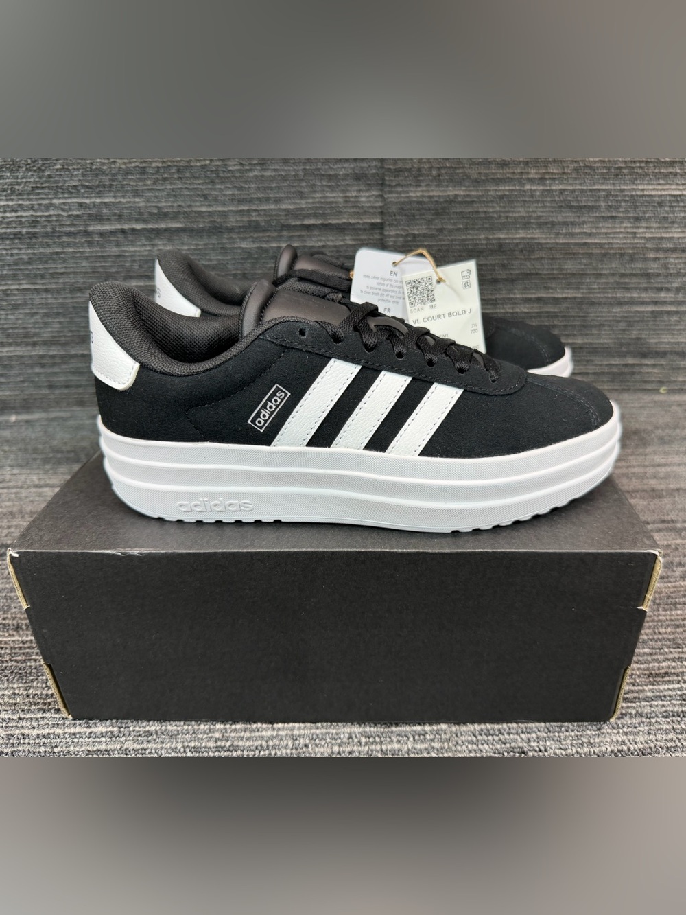 adidas  VL Court Bold J Black/White Stacked Platform Sneakers Unisex Size 4 New